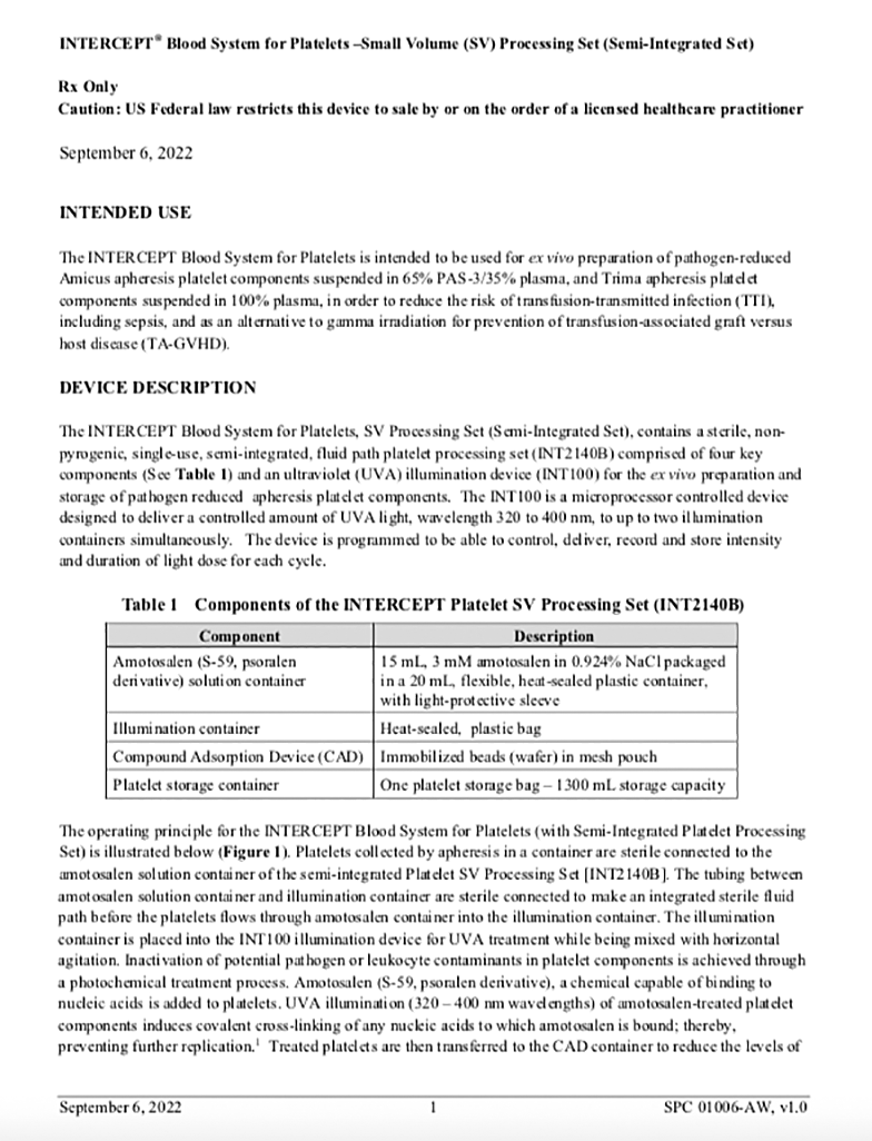 Package Insert Platelets Small Volume Sv Semi Integrated Set